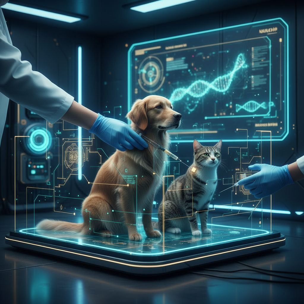A dog and cat receiving a SentriChip biophysical implant in a futuristic AI biotech lab